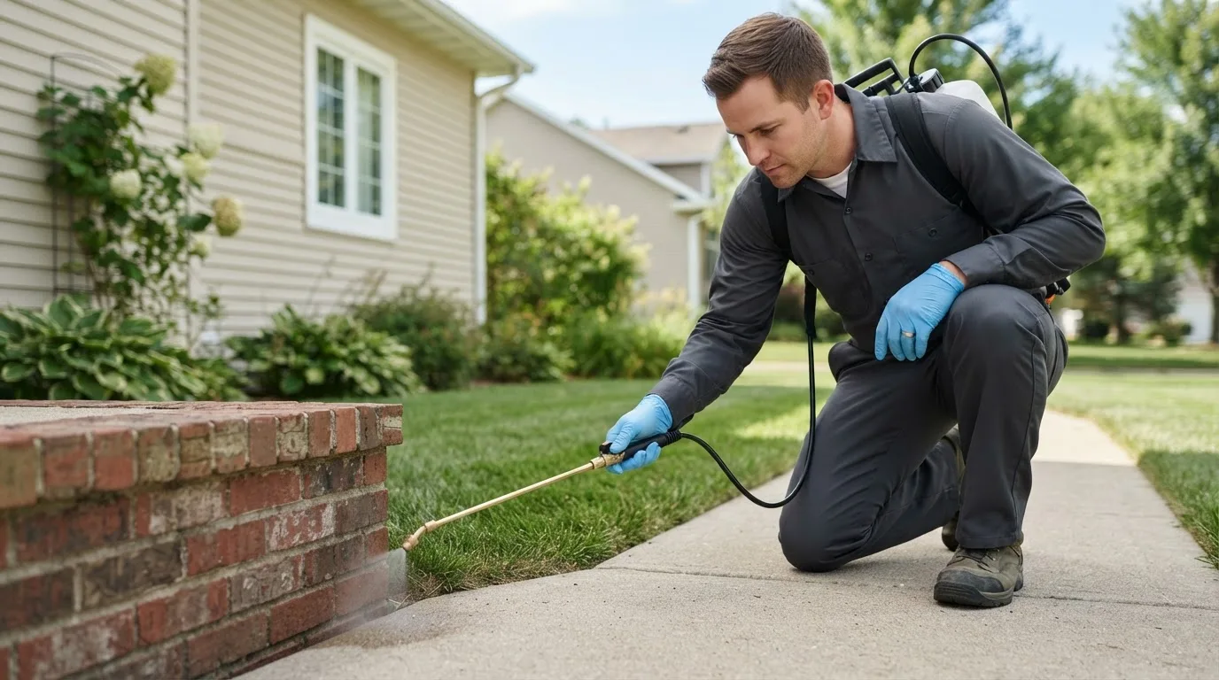 Pest control technician treating a home near Streator, IL